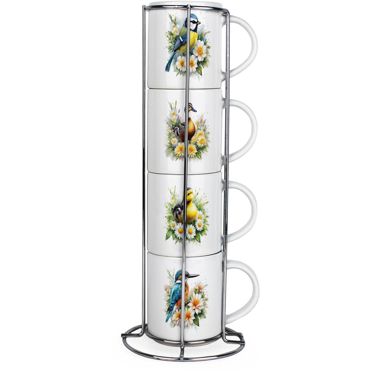 Purely Home Floral Birds Small Stacking Mugs Gift - Set Of 4 Ceramic Cups With Metal Stand - Multicoloured - Image 1