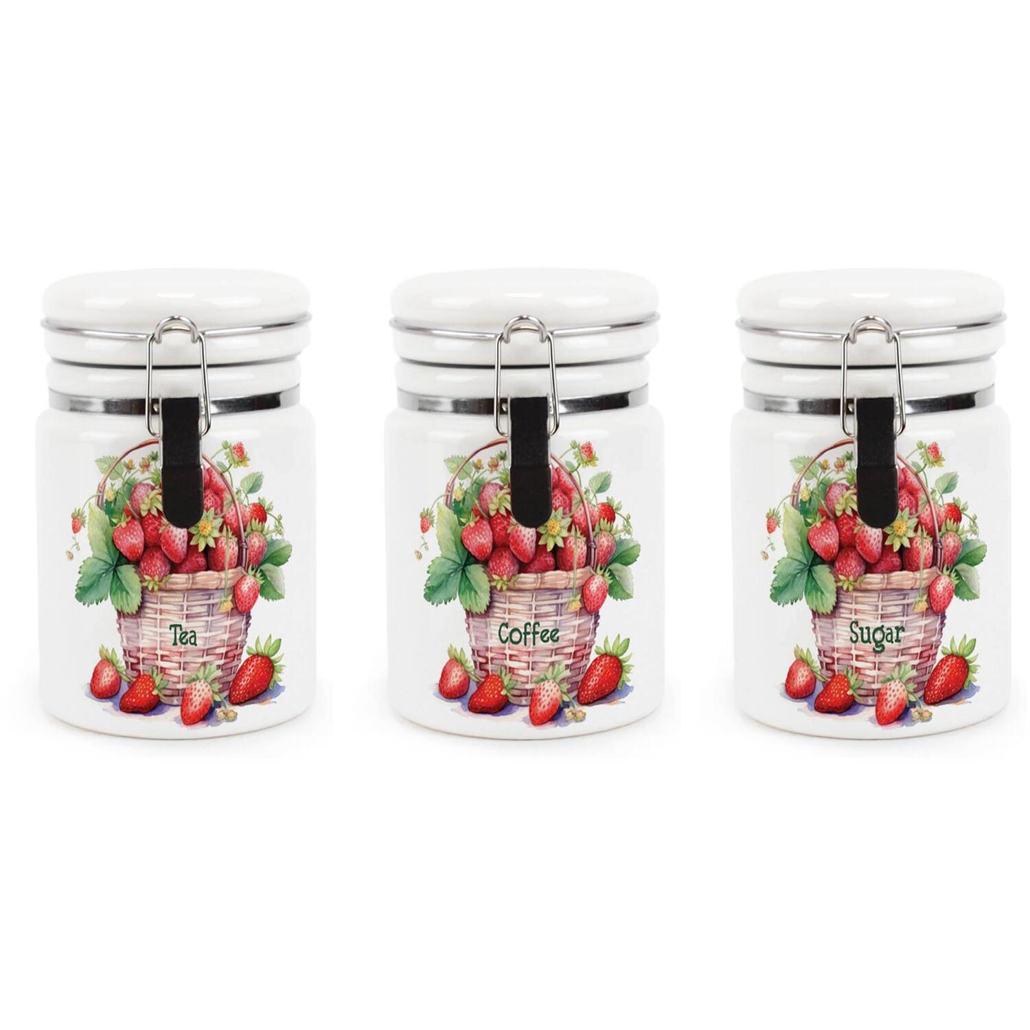 B&Q - Strawberry Tea Coffee & Sugar Ceramic Canister SetWicker Basket Fruit GiftStorage Containers With Clip Lid 400Ml - Image 3