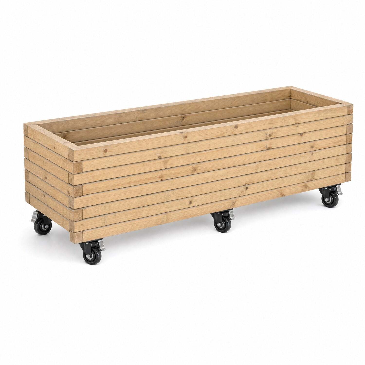 Woven Wood Pine Raised Wooden Trough Planter - Natural / 140Cm / With Liner & Wheels - Image 1