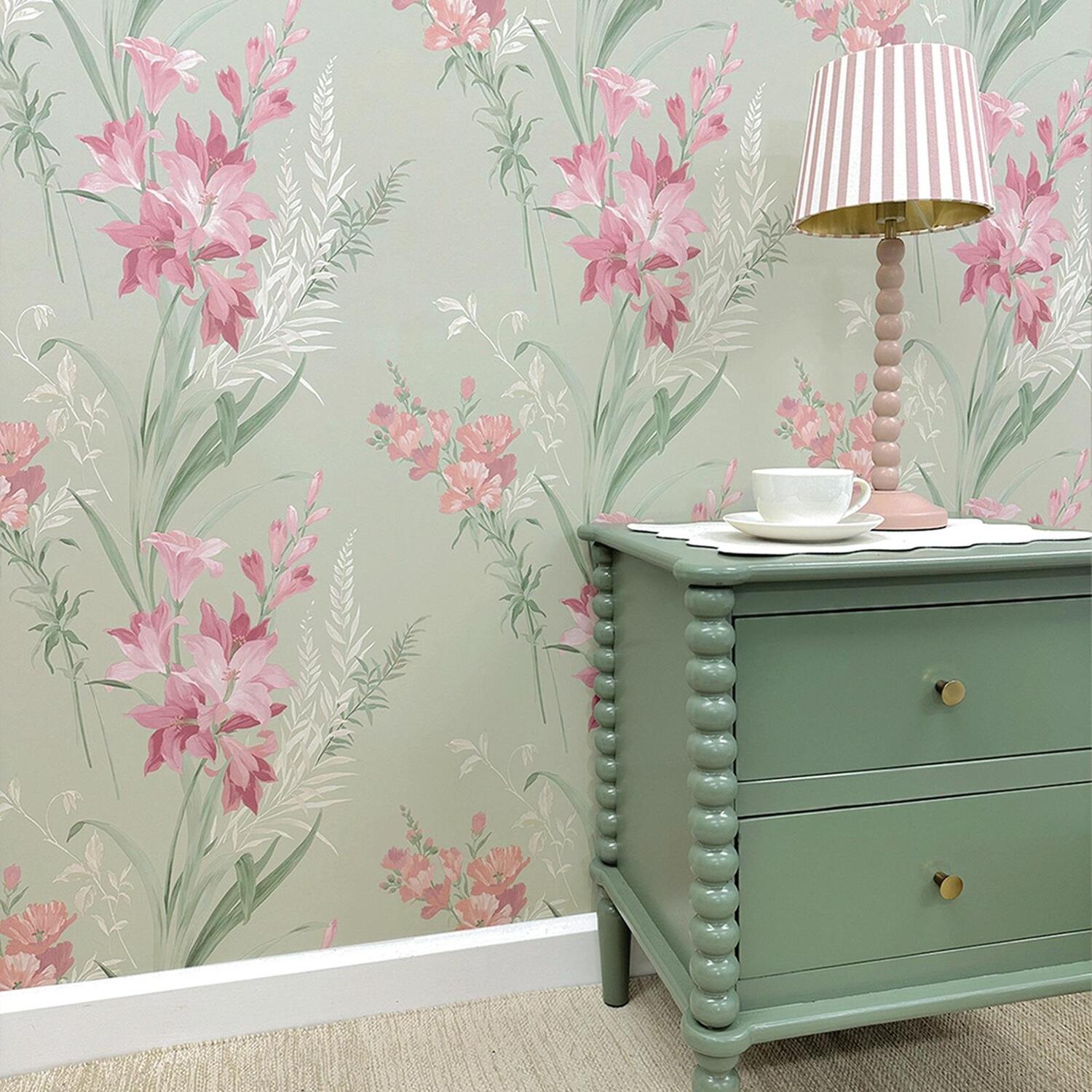 Sage Green Floral Wallpaper Pink Tranquil Garden Landscapes Feature Wall Smooth - Image 3