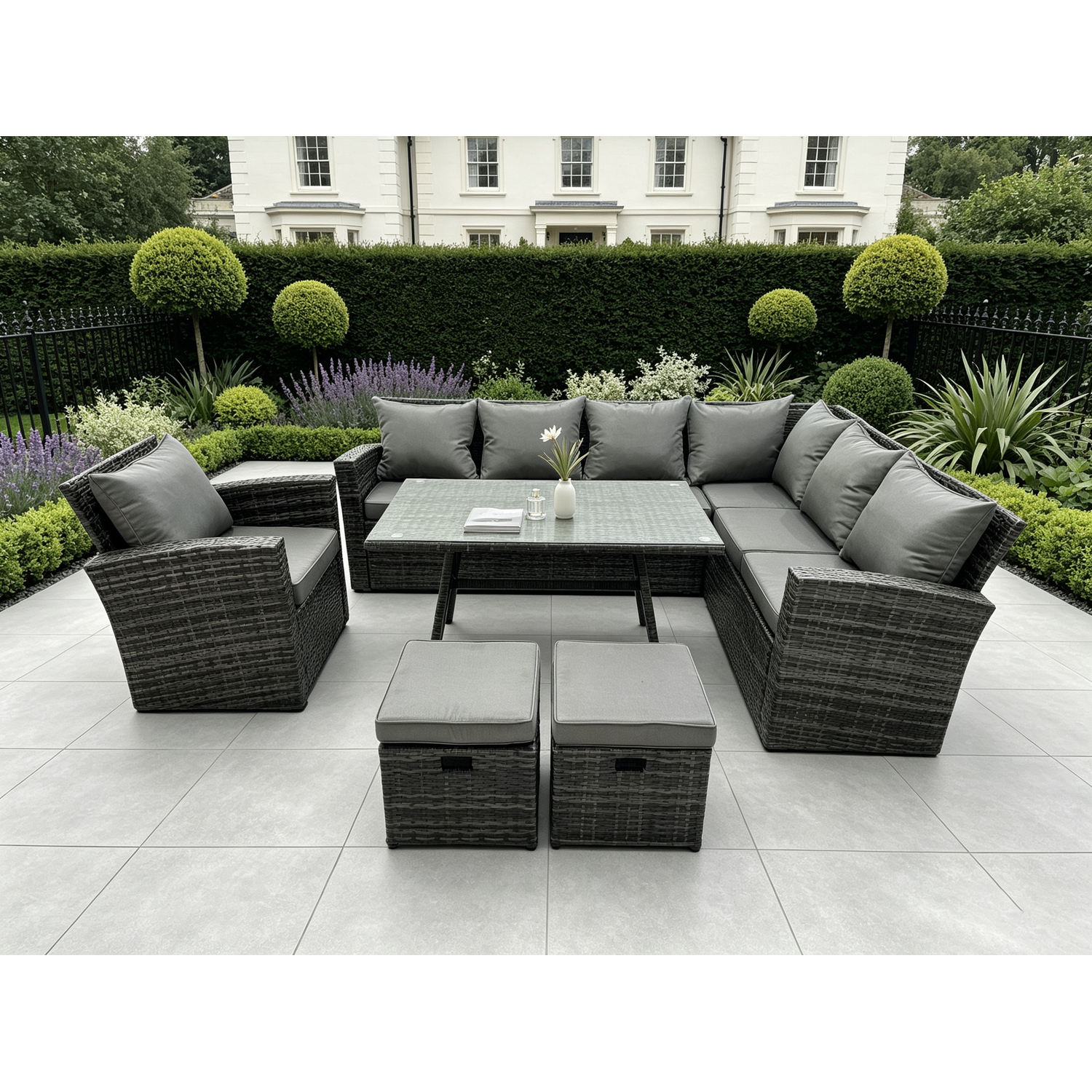 Fimous Dark/Grey 9 Seater High Back Mixed Rattan Corner Sofa Set Outdoor Furniture Rectangular Dining Table 2 Footstools Chair - Image 2