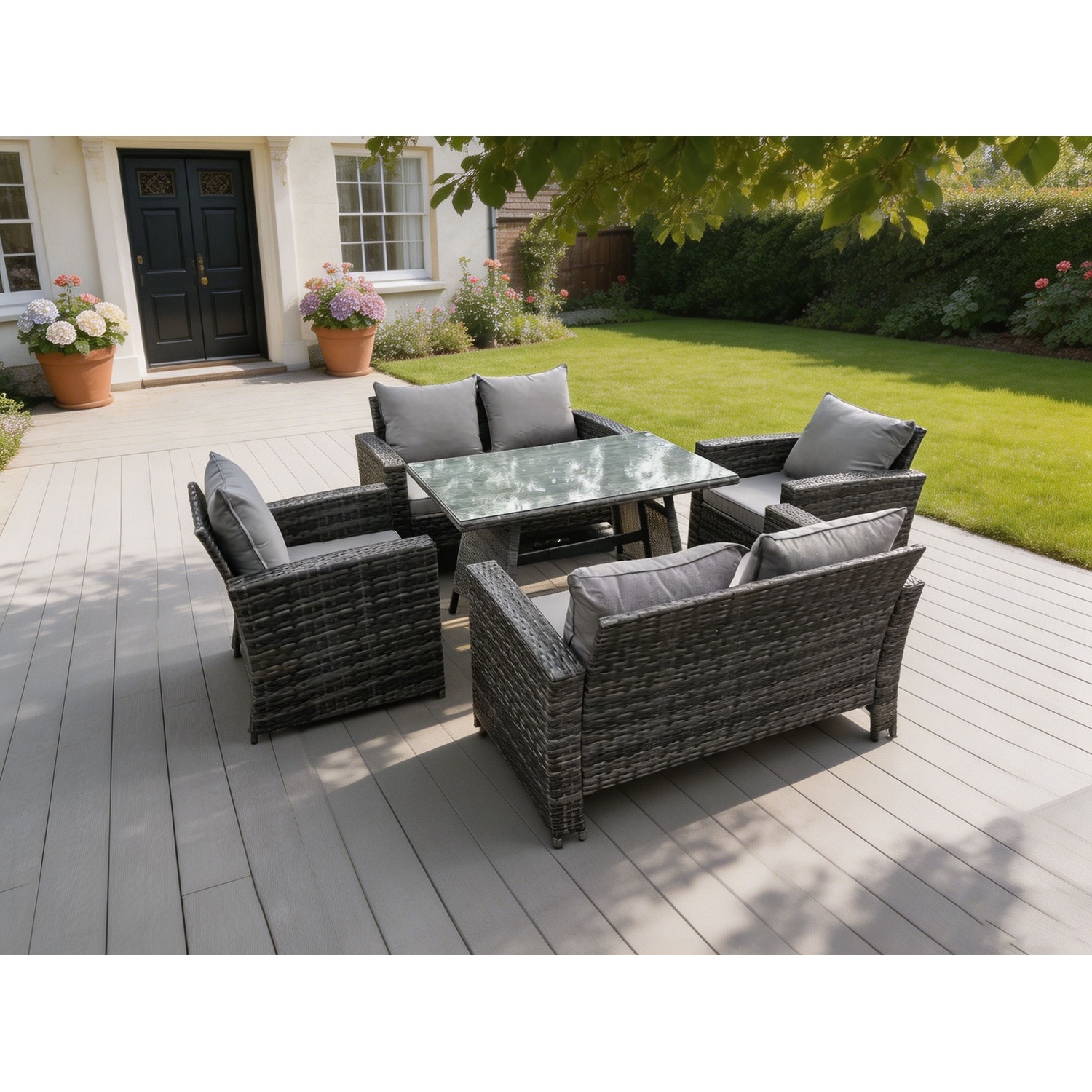 B&Q - 6 Seater Outdoor Dark Grey Mixed High Back Rattan Sofa Dining Table Set Garden Furniture - Image 2