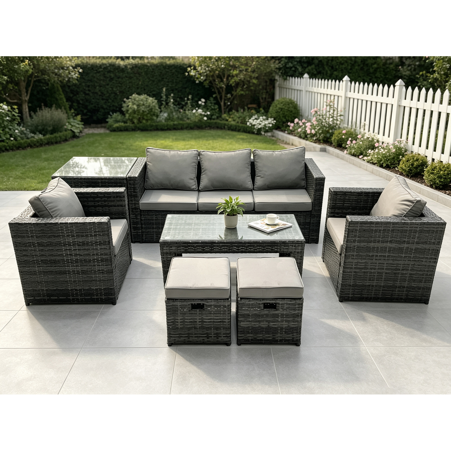 Fimous Dark/Grey/Light Lounge Rattan Sofa Set Outdoor Garden Furniture Oblong Rectangular Coffee Table With 2 Chairs 2 Stools Extra Side Table - Image 2