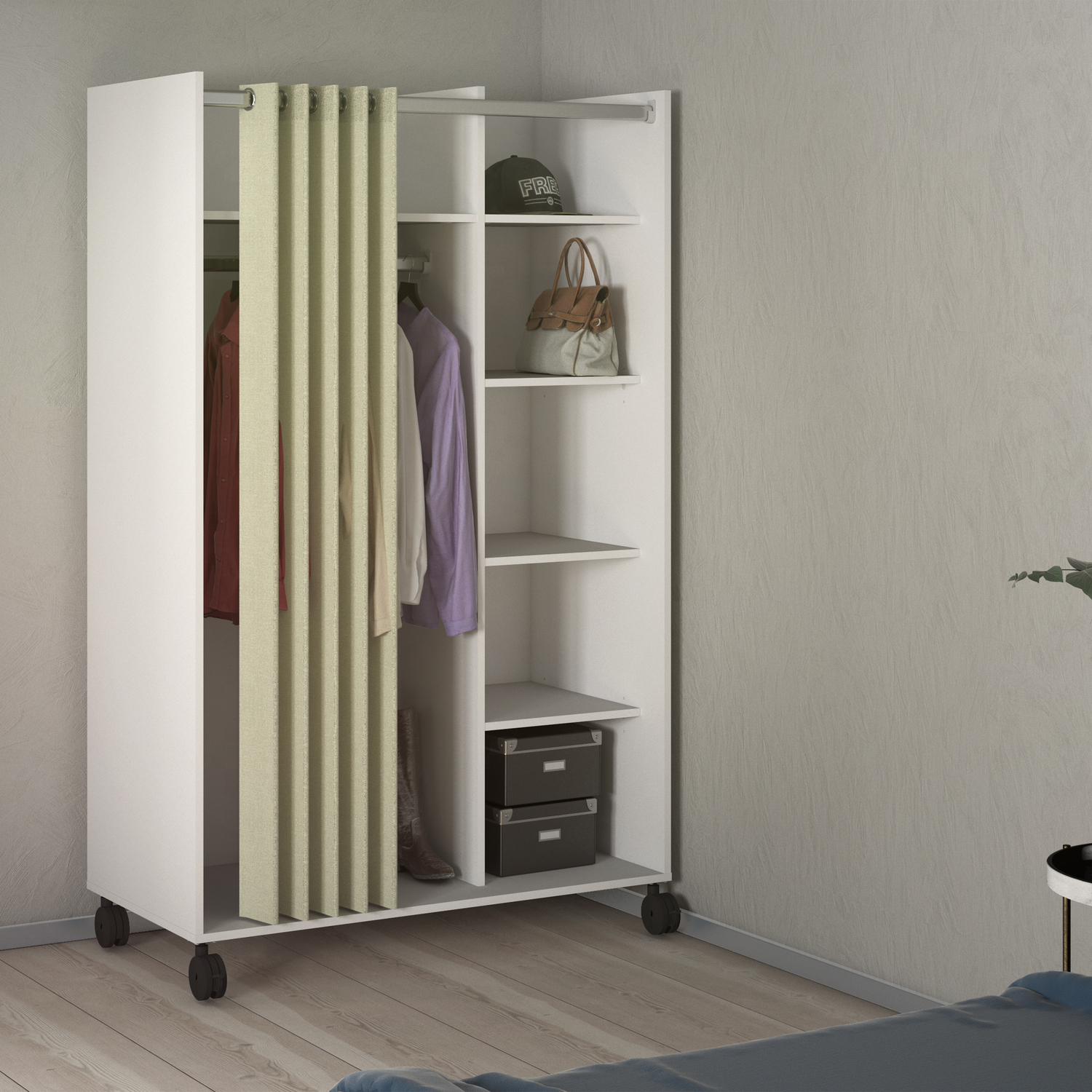 B&Q - Uppsala Open Mobile Wardrobe Unit In White With A Beige Textile Curtain On Wheels - Image 3
