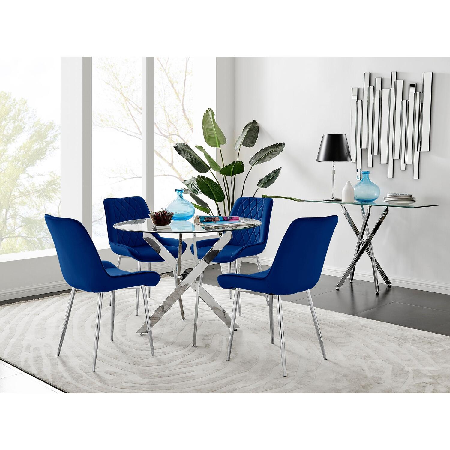 Furnitureboxuk Novara 100Cm Round Dining Table And 4 Pesaro Silver Leg Chairs - Navy