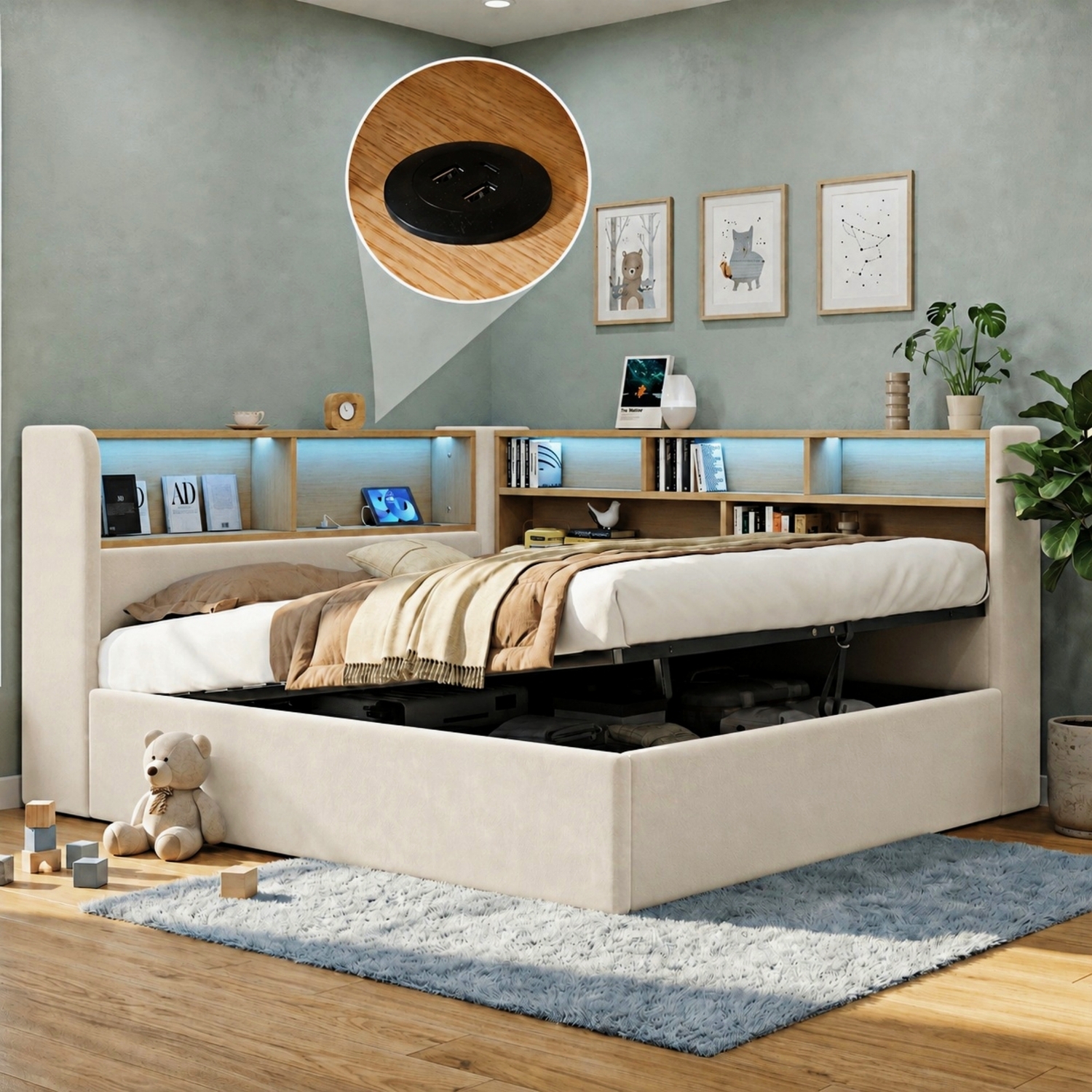 Aka L-Shaped Velvet Storage Daybed With Led & Usb - Cream