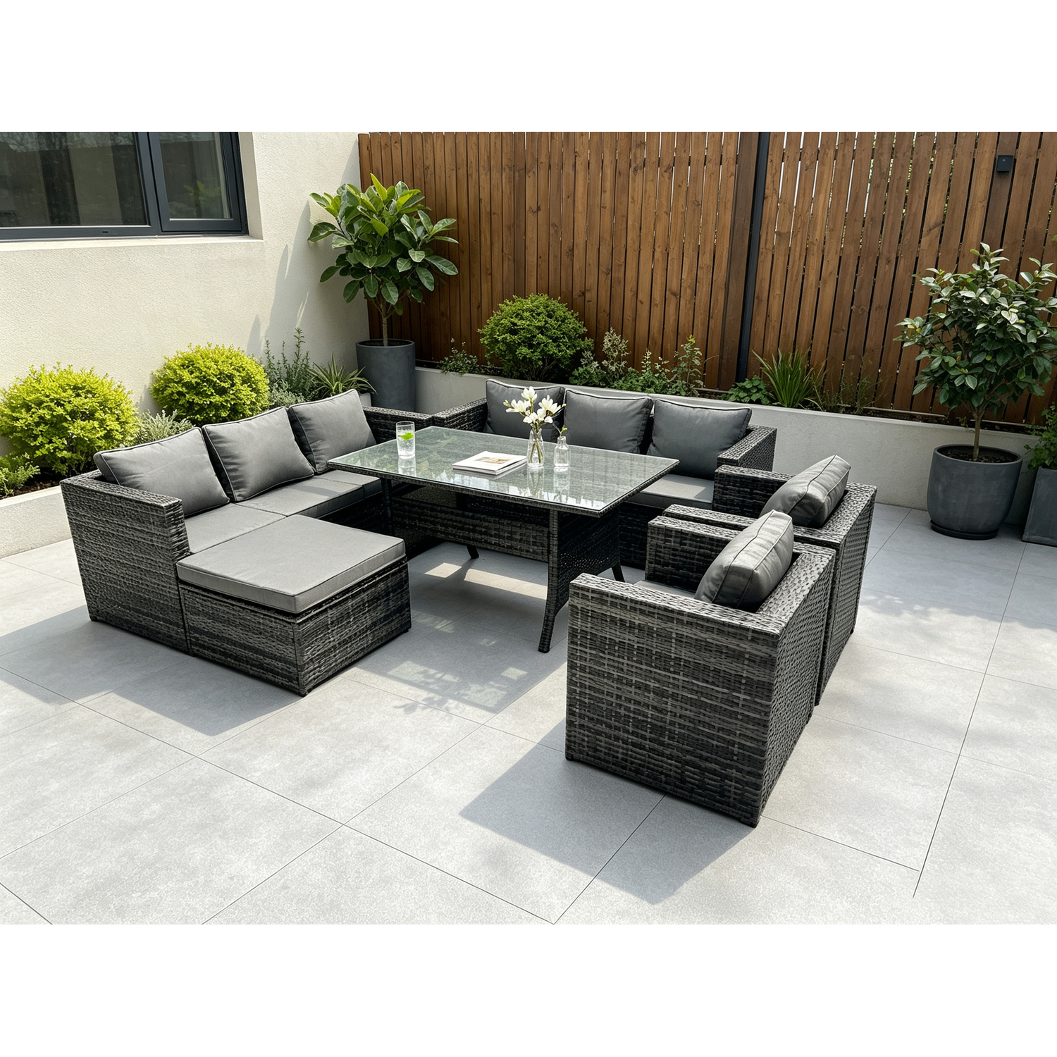 Rackhams Dark/Grey Outdoor Lounge Sofa Garden Furniture Set Patio Rattan Rectangular Dining Table With 2 Armchair Big Footstool 9 Seater Mixed - Image 2