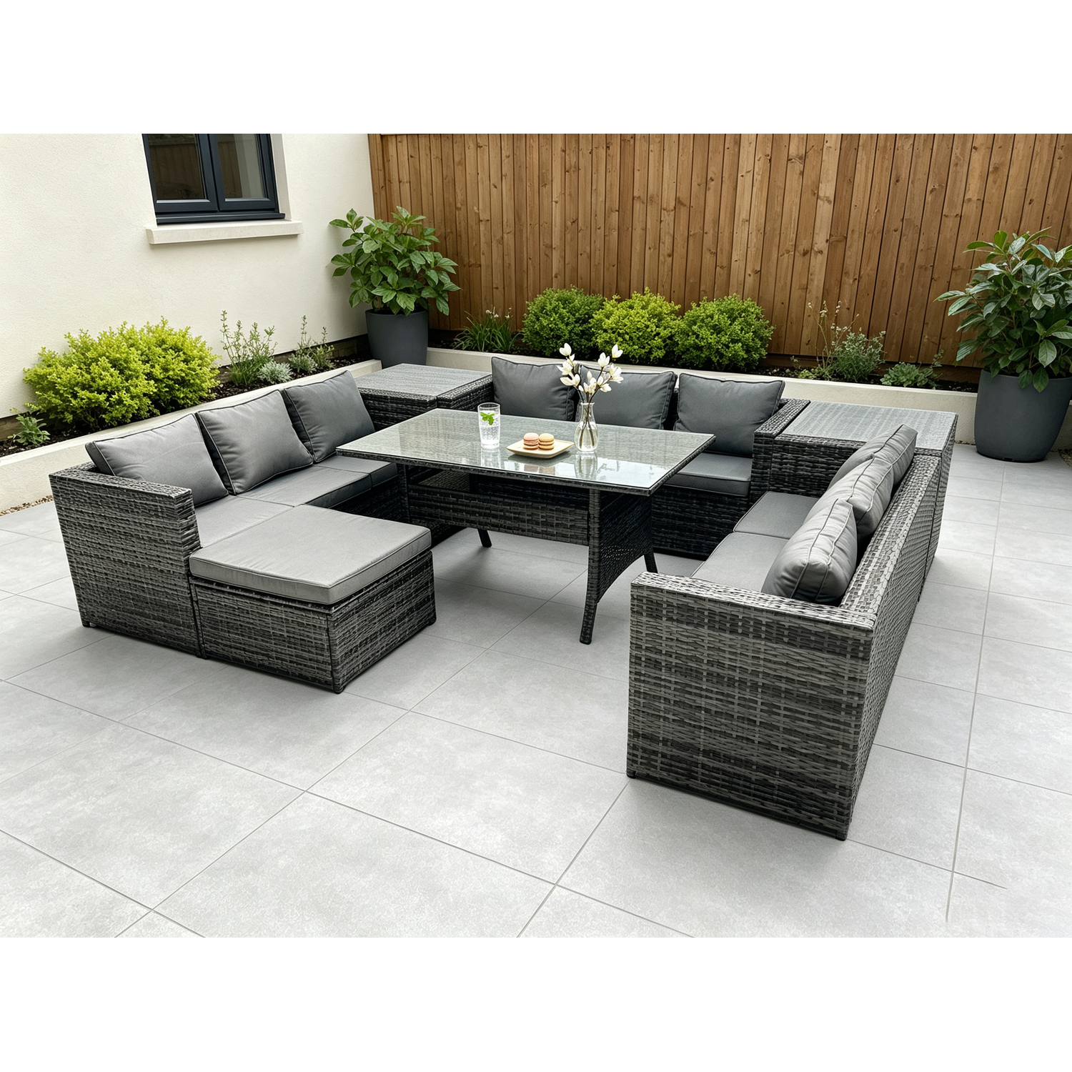 Fimous 10-Seater Rattan Lounge Sofa Set With Dining Table, Side Tables - Dark Grey - Image 1
