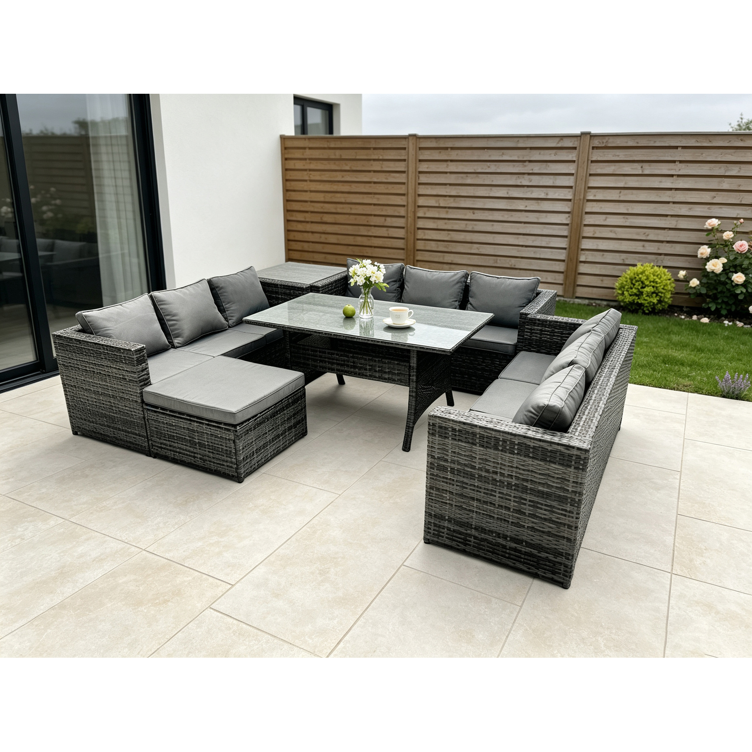 B&Q - 10 Seater Outdoor Garden Furniture Rattan Lounge Sofa Set Patio Rectangular Dining Table With Big Footstool Side Table - Image 2