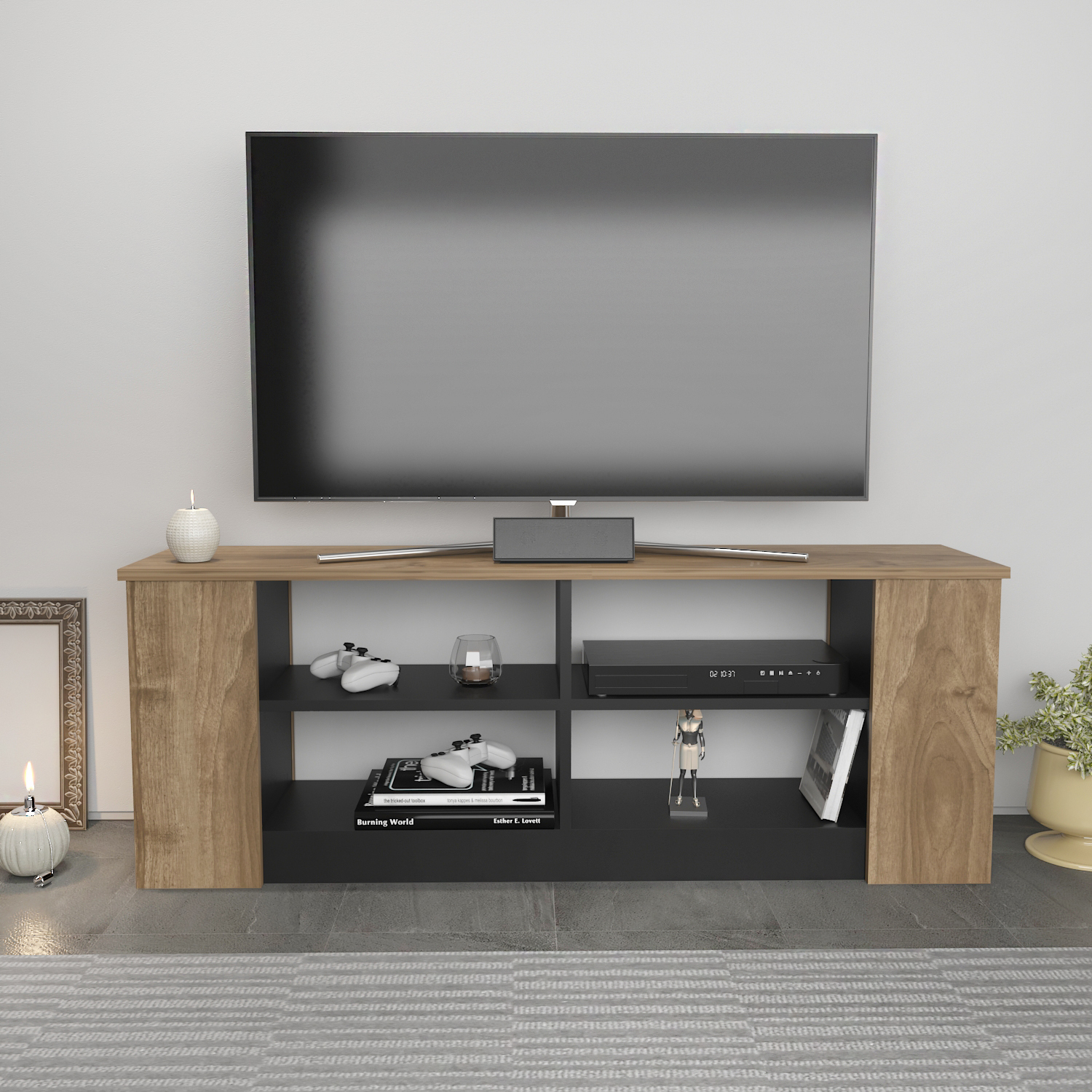 Decorotika Space 8 Shelf Walnut and Black TV Unit - Modern Geometric Design - Up to 55 Inch TVs - 140cm Wide - Image 3