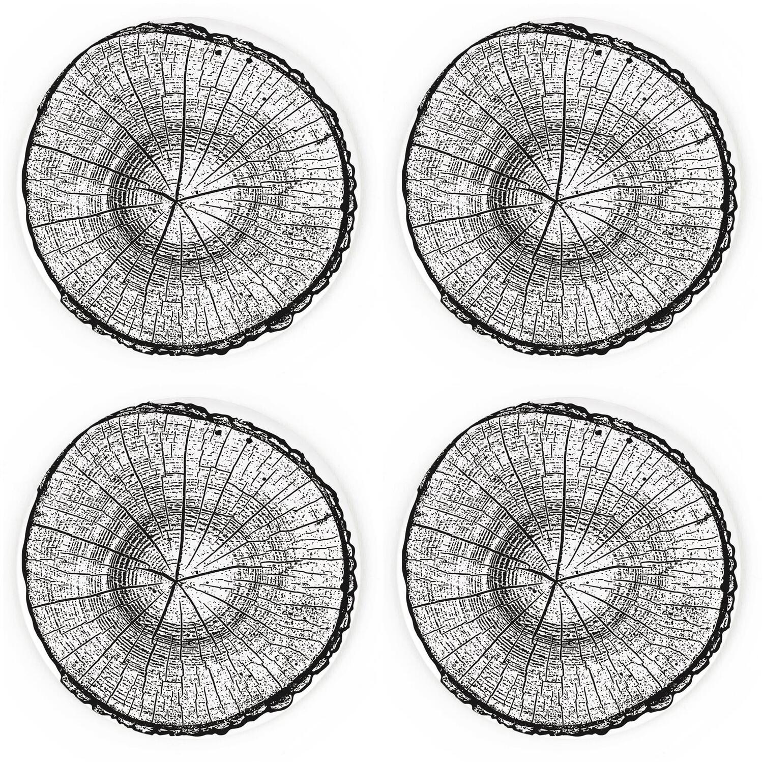 Purely Home Tree Log Slice Coasters - Nature Themed Set Of 4 Round Ceramic Coasters - Black