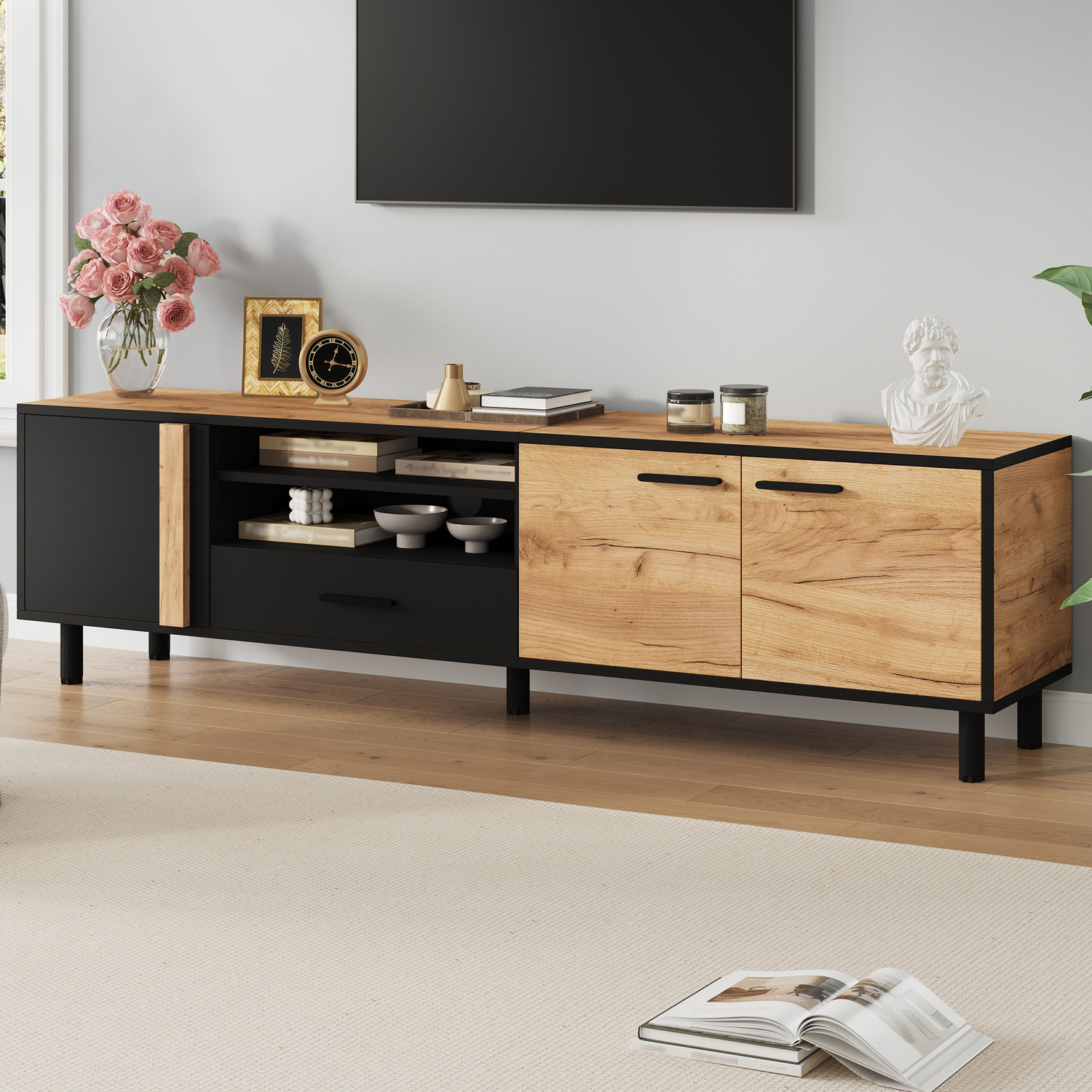 Aka Modern Tv Stand With Drawer And Cabinets, Oak & Black - Black, Wood