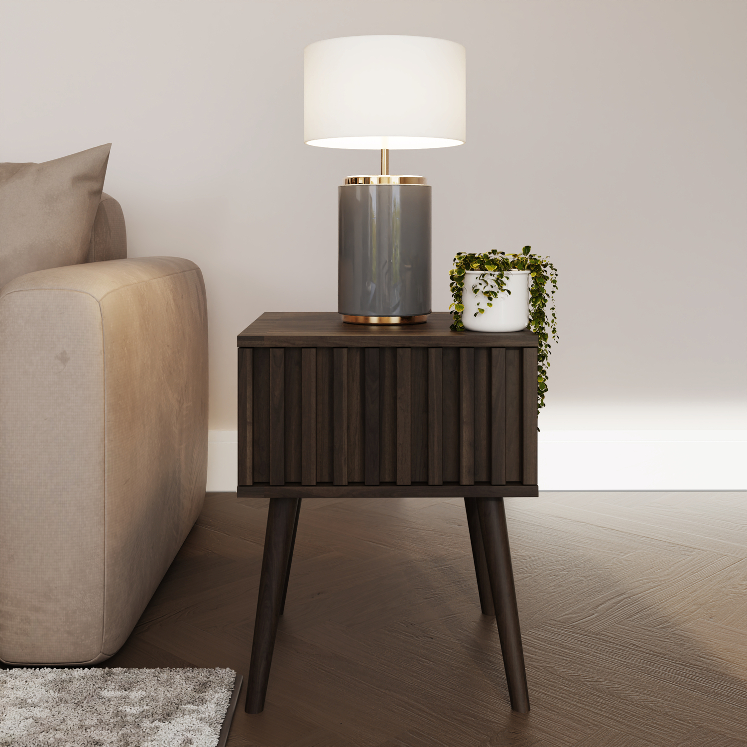 Gfw Rowan Walnut Single Drawer Slatted Compact Lamp Table - Image 4