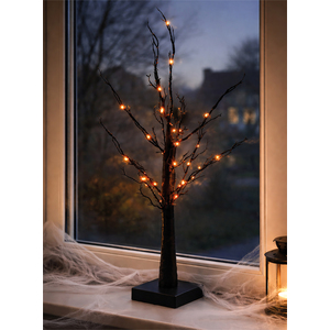 10x10x60cm 40L Orange LED Halloween Black Glitter Tree Indoor Battery Decoration with  Timer