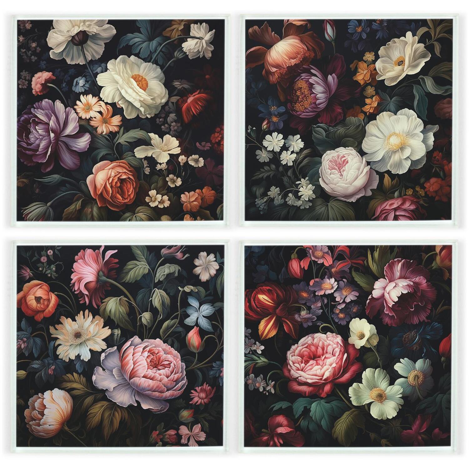 Purely Home Dark Floral Coasters - Gothic Homeware Set Of 4 Square Glass Coasters - Multi