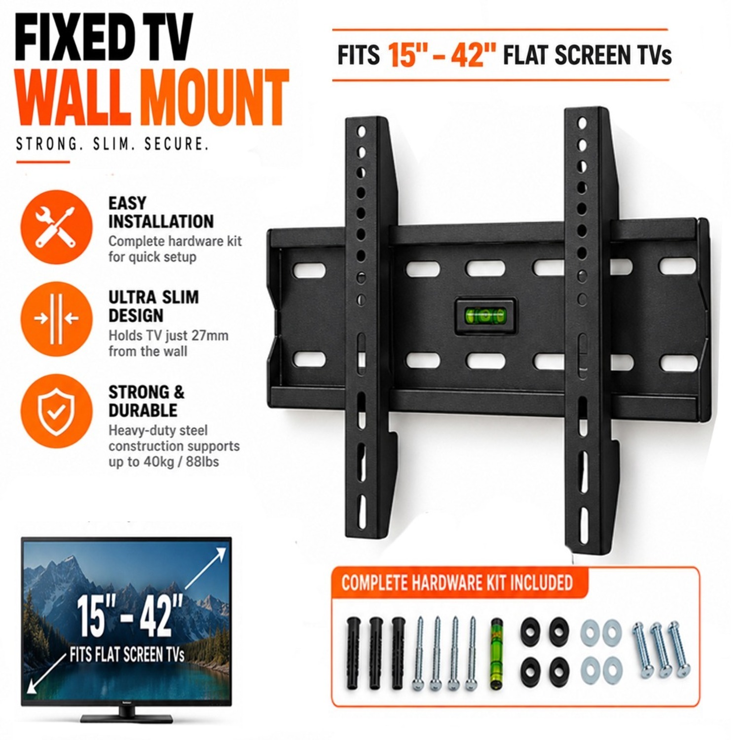 Atek Black Fixed Tv Wall Mount Bracket 15-42 Inch Up To 40Kg With Spirit Level - Image 2