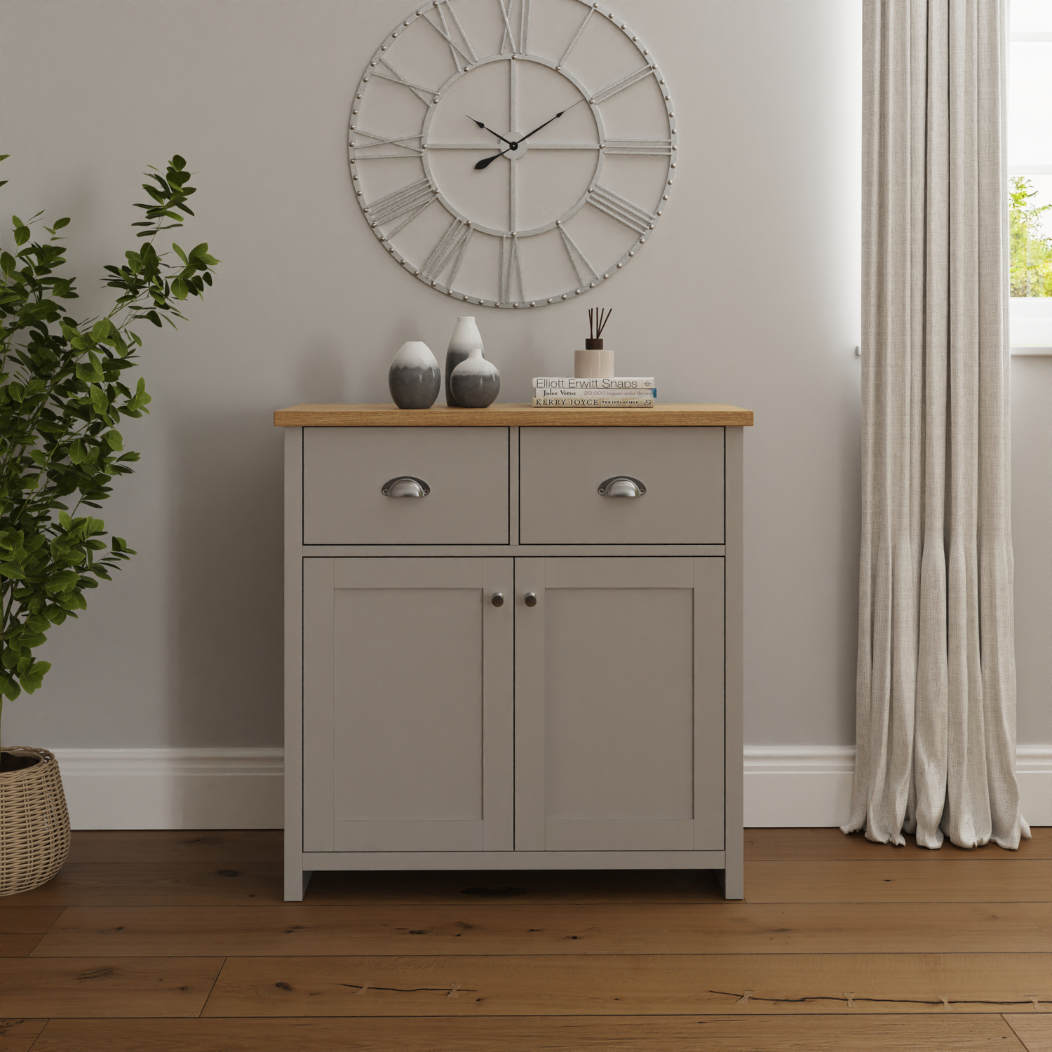 GFW Lancaster Compact Sideboard - Grey with Oak Effect Top - 2 Drawers, Double Cupboard - Image 11