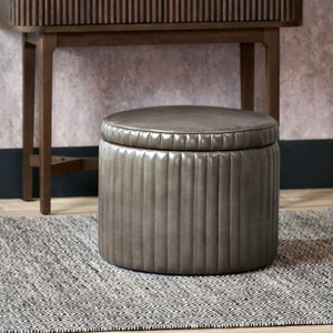 Ribbed Leather Round Storage Pouffe - Dark Brown