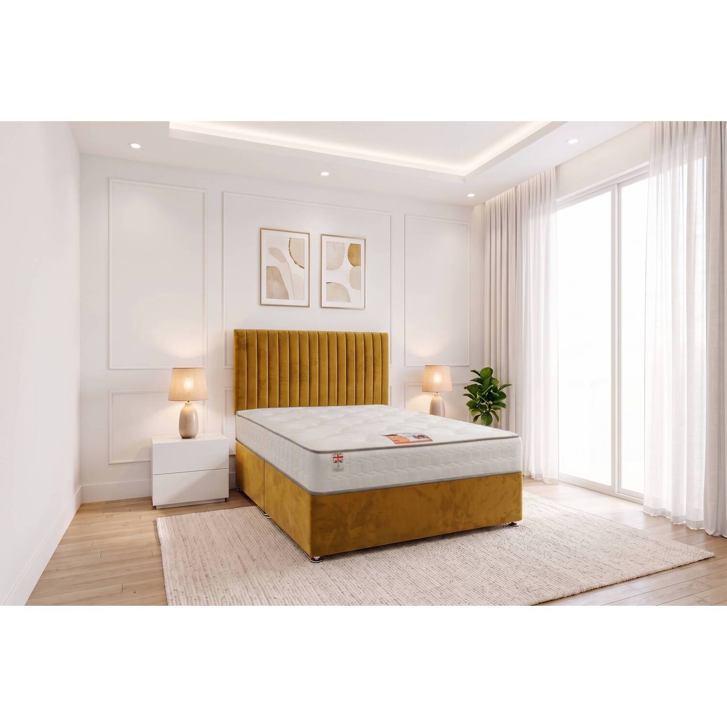 Knight Sleep Emily Plush Velvet Divan Bed Set With Princess Mattress And Headboard - Mustard / Super King