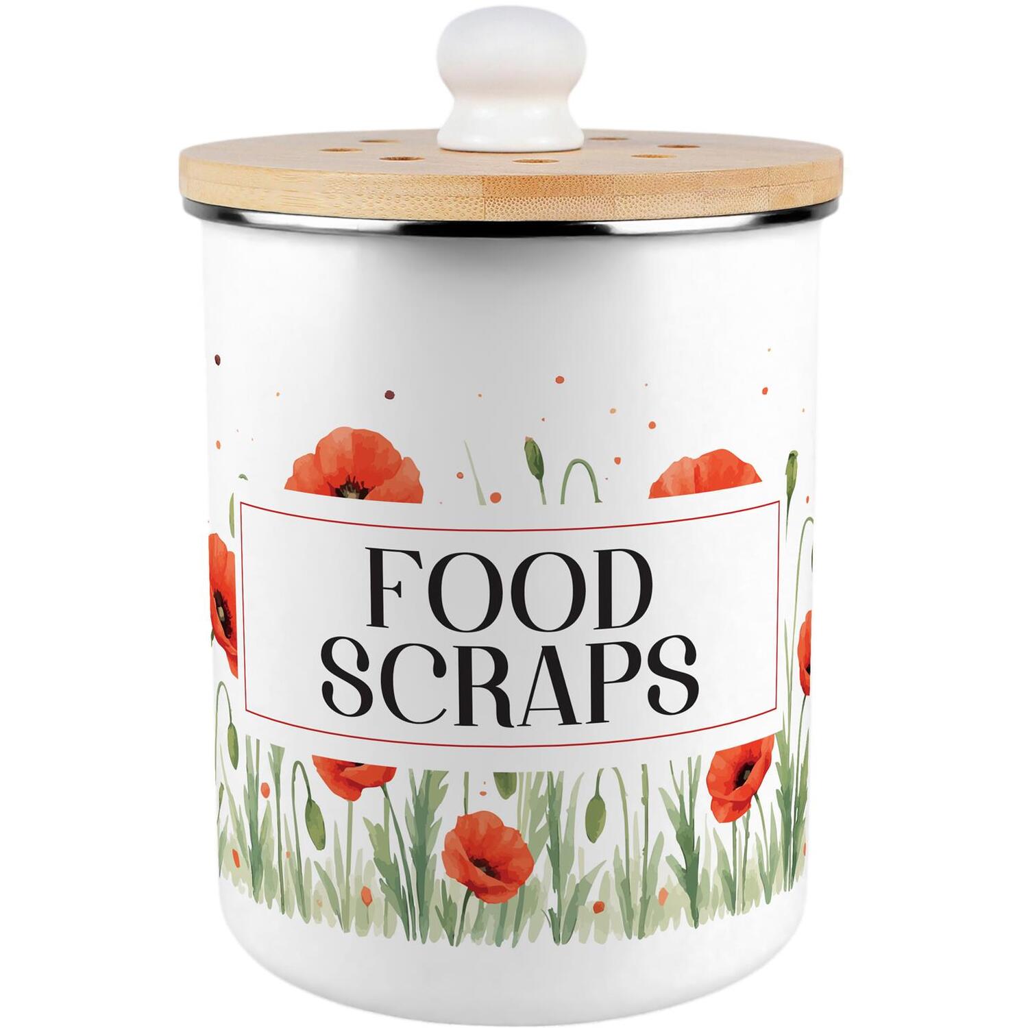 Purely Home Poppy Fields Food Scraps Caddy - Decorative Kitchen Compost Bin, 2L - Red - Image 1