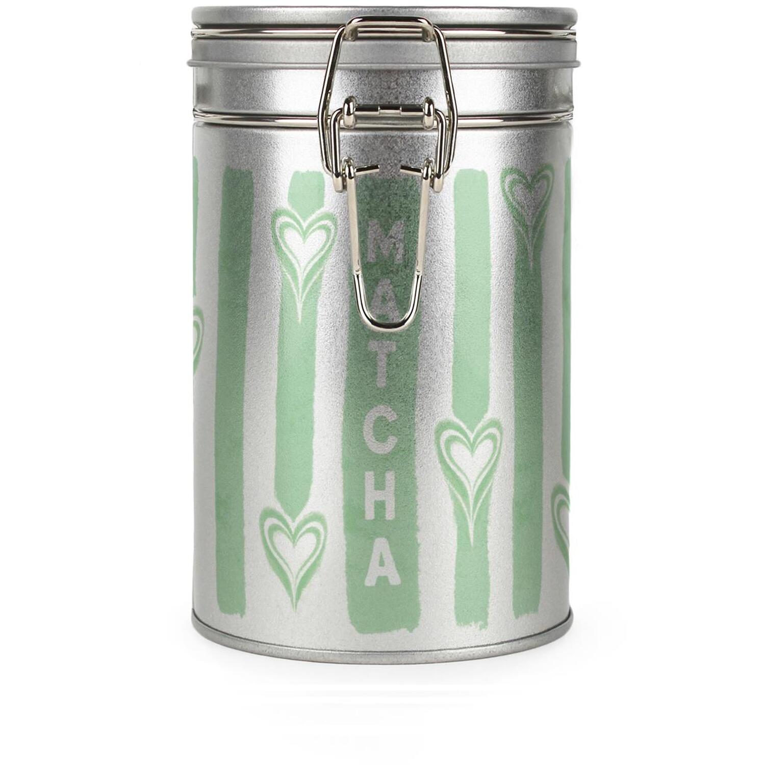 Matcha Canister - Green Stripes & Hearts Silver Metal Kitchen Storage Gift - Image 2