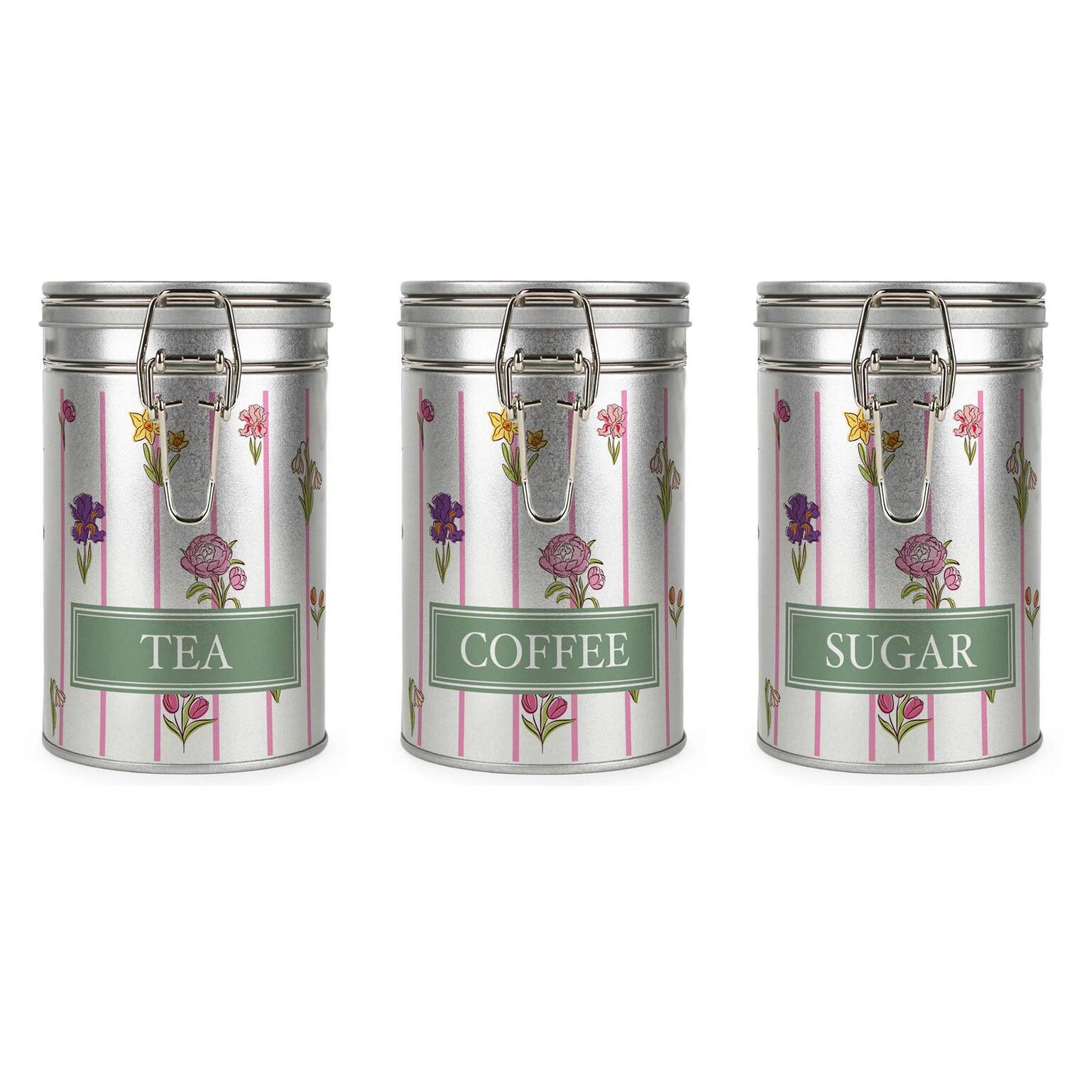Purely Home Floral Stripes Canister Set - Tea, Coffe & Sugar - Silver Metal Kitchen Storage Containers - Multicoloured - Image 1