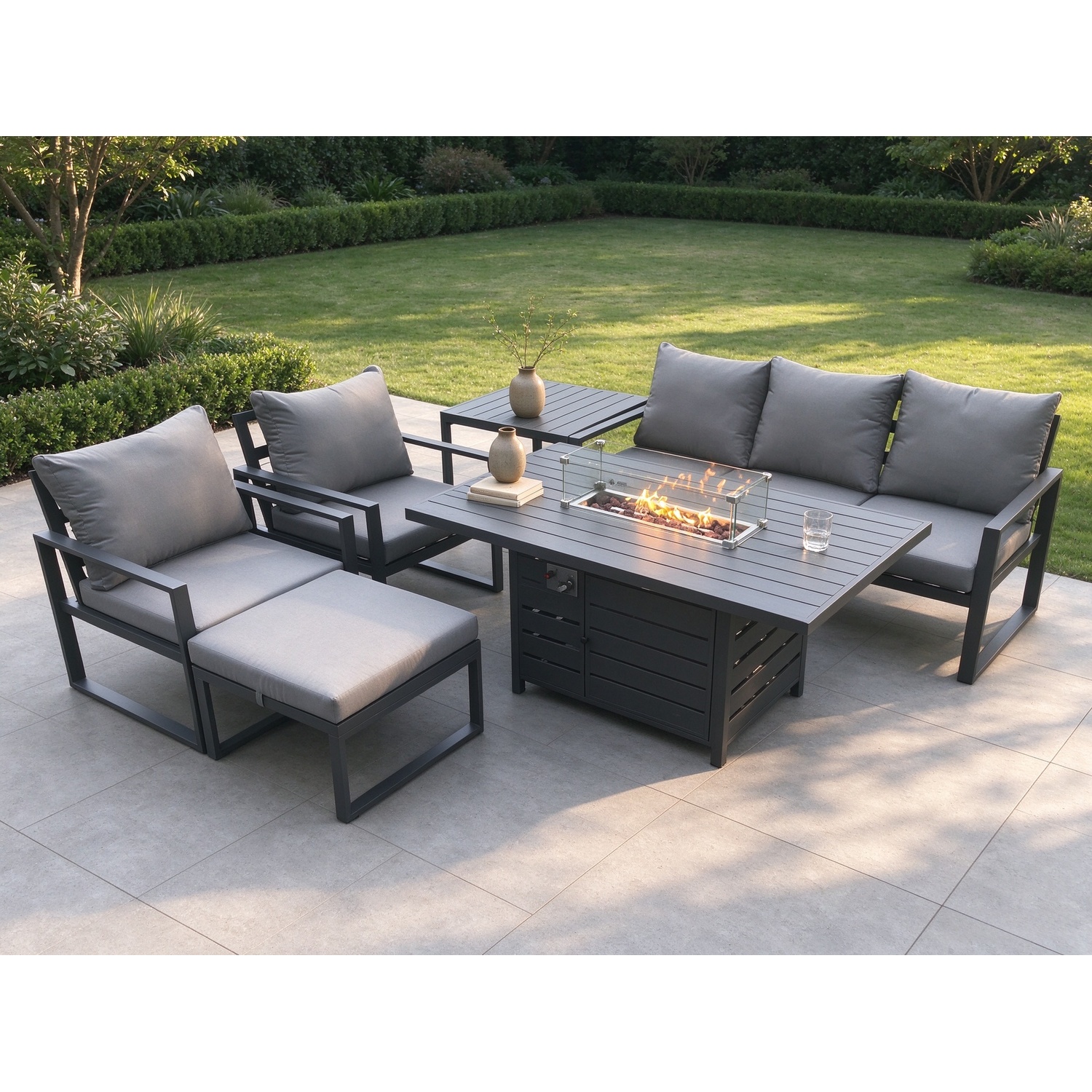 Fimous Aluminium Garden Furniture Set Gas Fire Pit Dining Table Set 2 Chair Side Table Footstool 6 Seater - Image 1