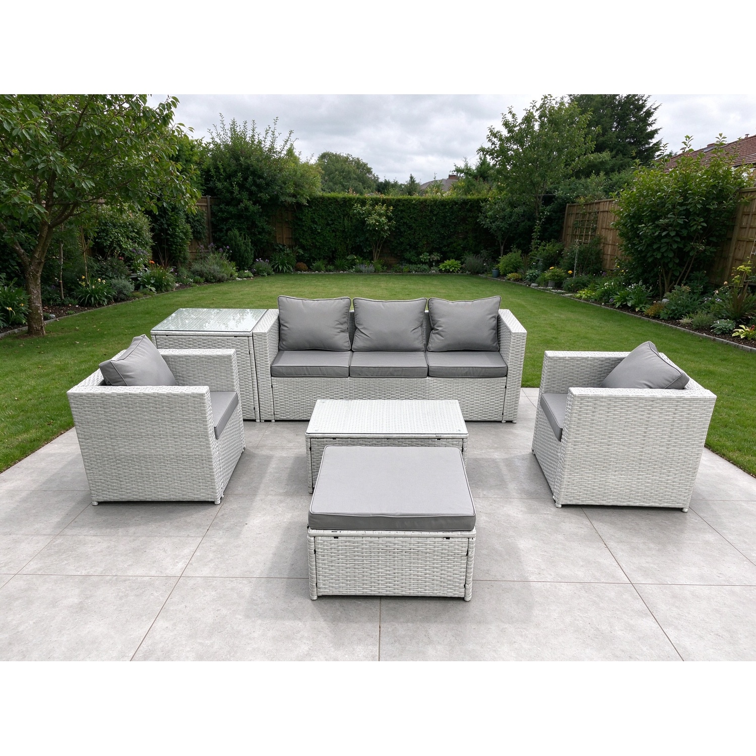 Rackhams Light/Grey Rattan Garden Furniture Set With 3 Seater Sofa 2 Chair Rectangular Coffee Table Big Footstool Side Table Mixed 6 Seater - Image 2