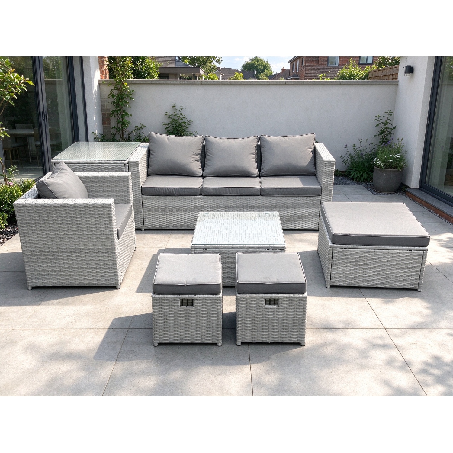 Fimous Garden Outdoor Furniture Set 7 Seater Rattan Sofa Set With 3 Footstools Armchair Side Table Light Grey Mixed - Image 3