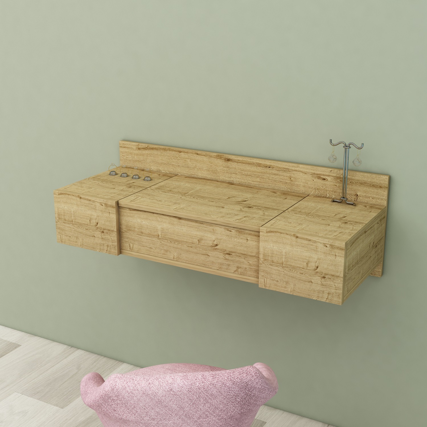 Zakkum Makeup Vanity Table With Mirror Wall Mounted - Sapphire Oak