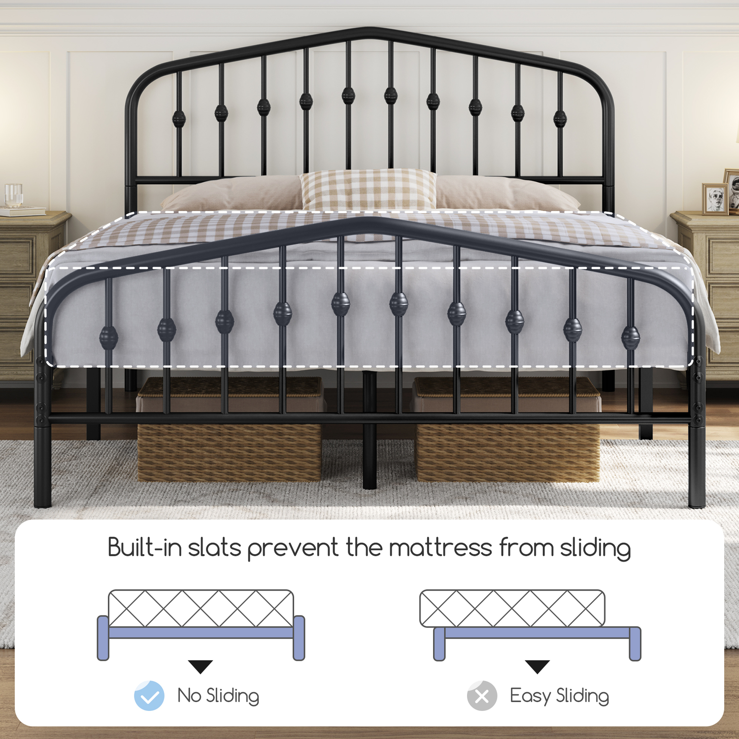 Metal Bed Frame With Arched Headboard - Black King