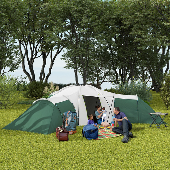 Outsunny 6-9 Man Large Camping Tent with 3 Bedroom, Living Area and Porch