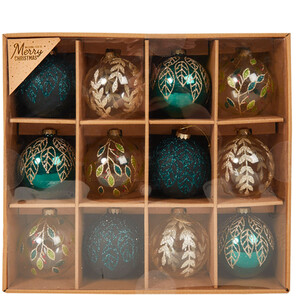 Set of 12 Emerald and Gold Glass Baubles
