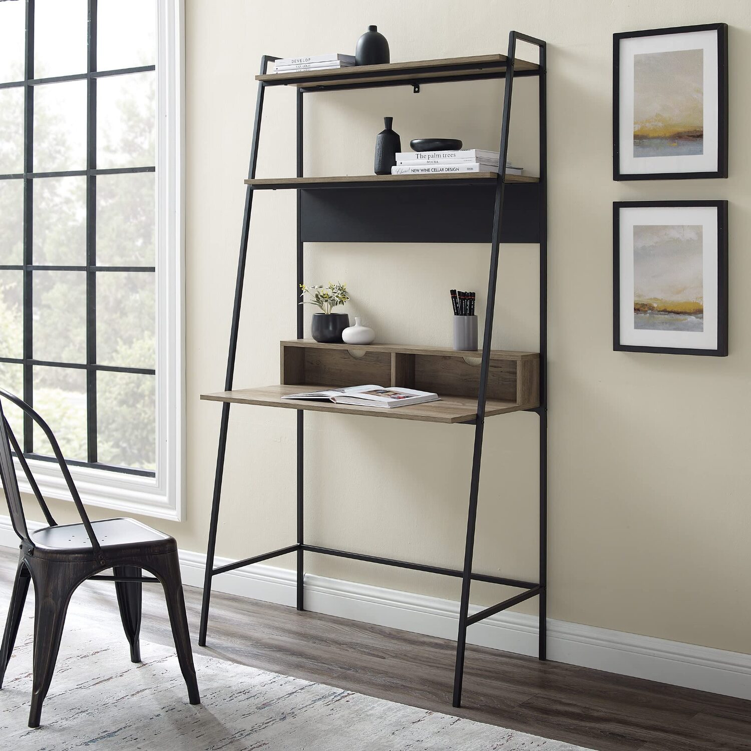 Ladder Computer Desk With Shelves - Grey