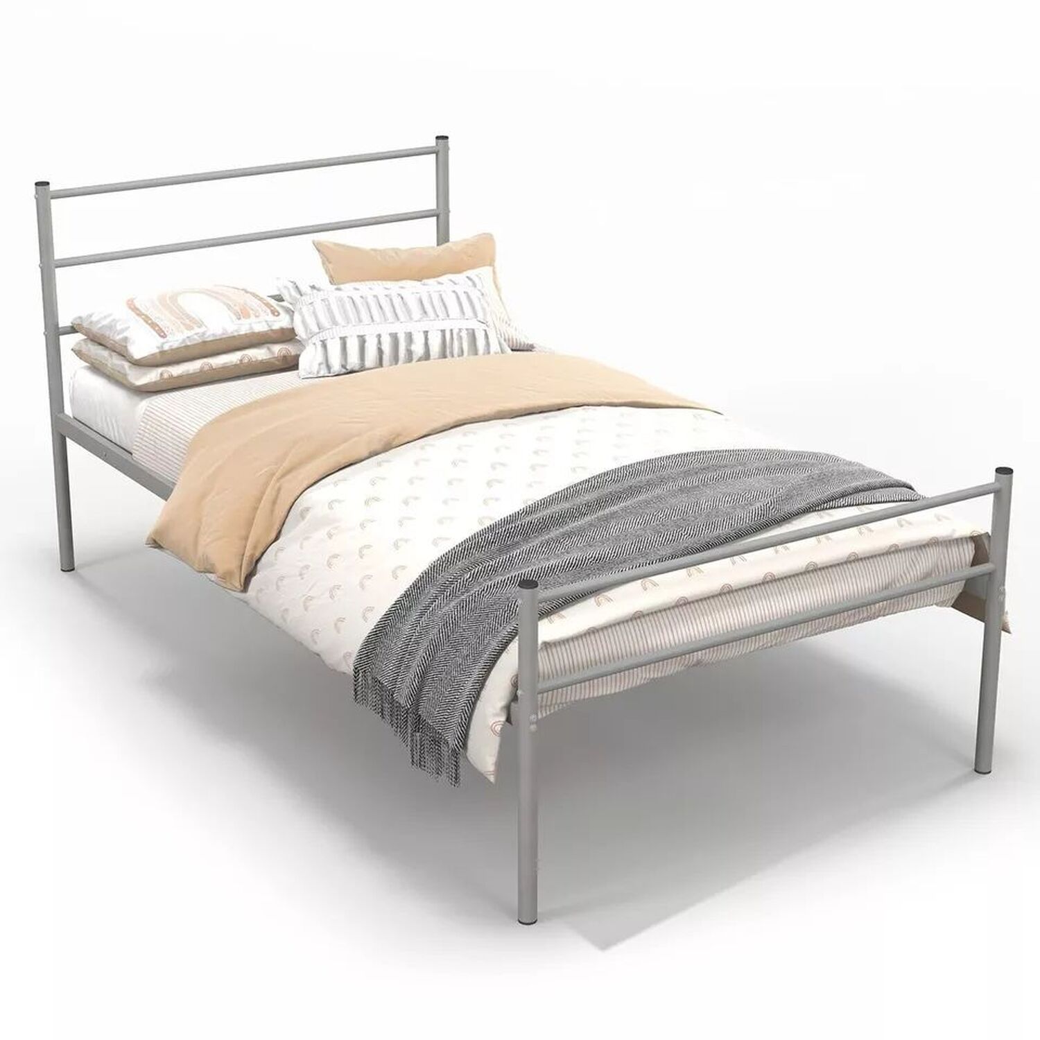 3ft Single Metal Bed Frame With Headboard And Footboard - Grey