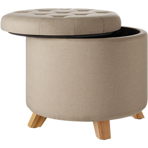 Stool Suna - Round, Padded, Linen Look, Large Storage Space