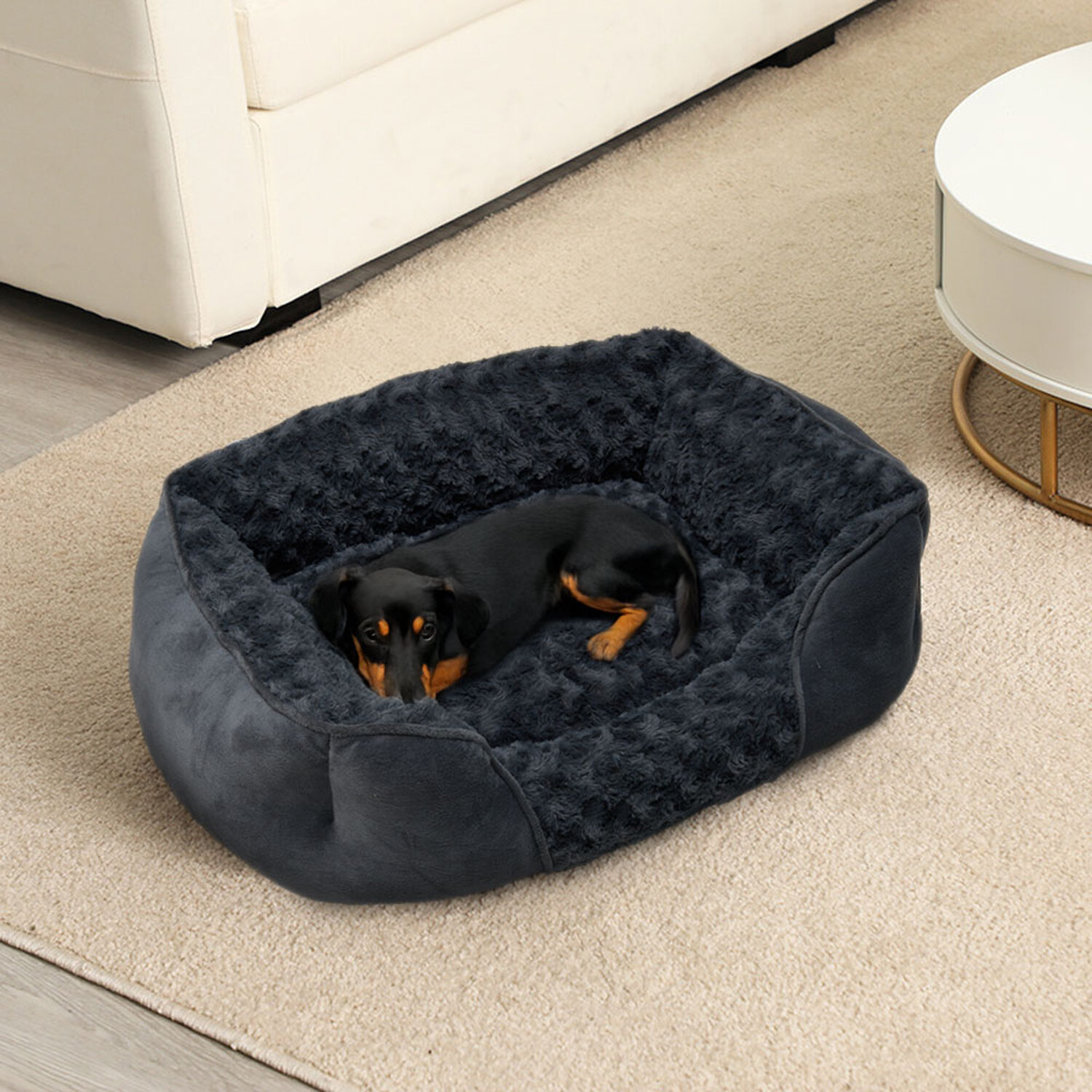 Livingandhome Plush Pet Bed With Removable Cushion - Dark Grey / 63Cm