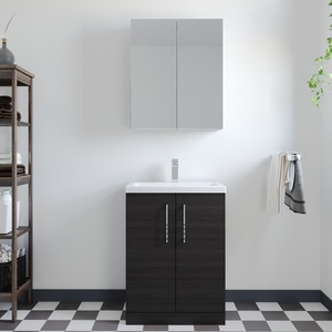 Compact Floor Standing 2 Door Vanity Basin Unit Woodgrain Black 600mm