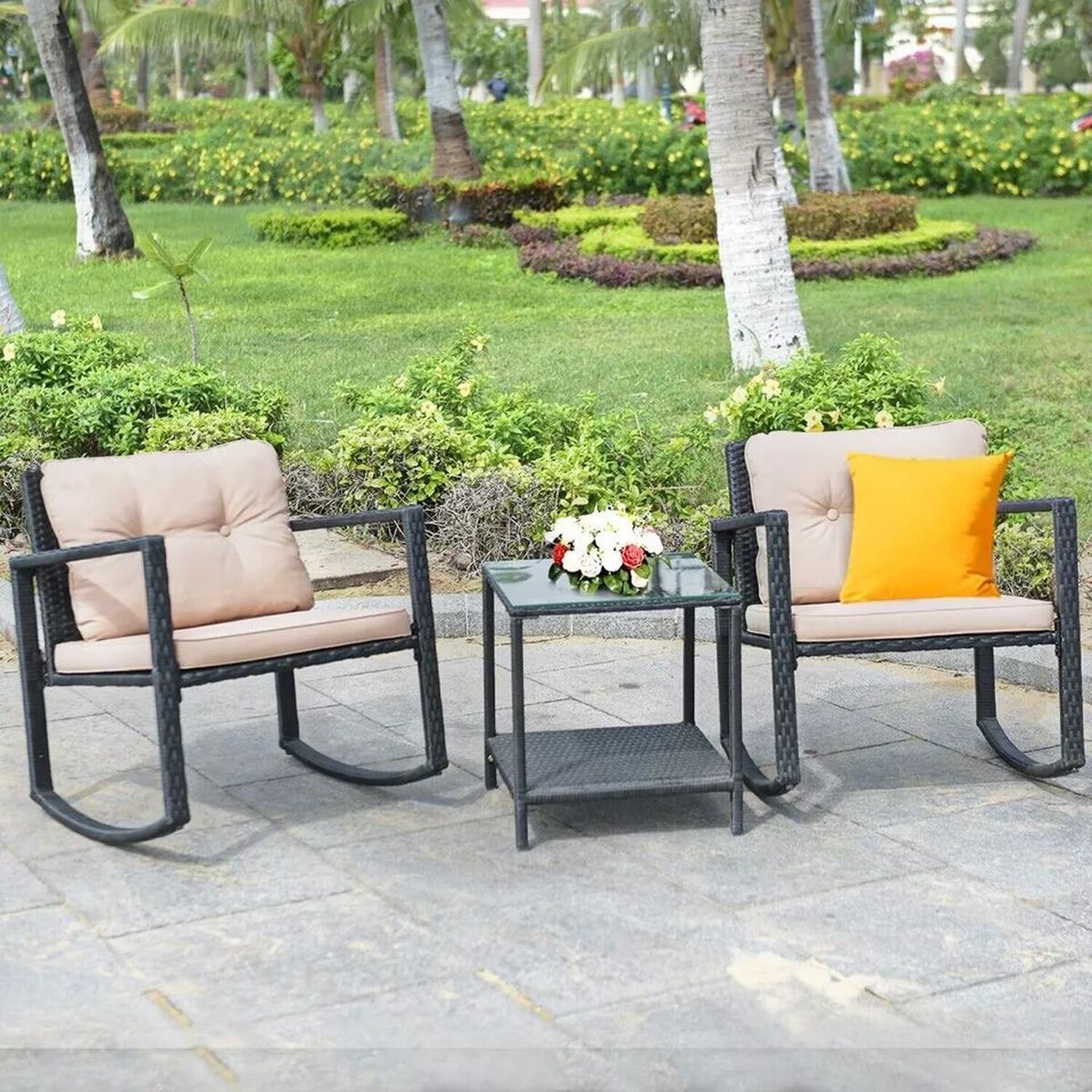 3 Piece Outdoor Rocking Bistro Set Pe Rattan With Cushion - White