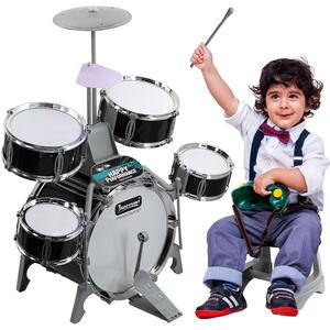 Kids Jazz Drum Kit Toy with Music Note Cards and Stool