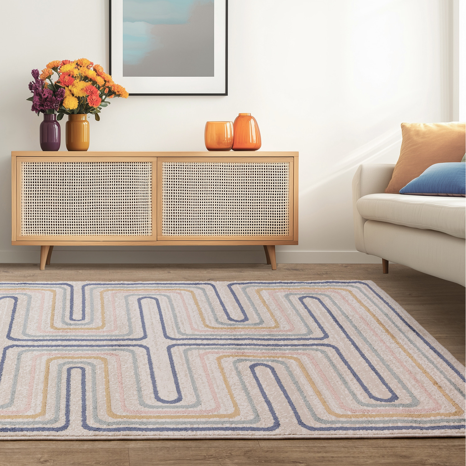 Pulse Border Rug Viva Geometric Pulse Natural Multi Living Area Rug