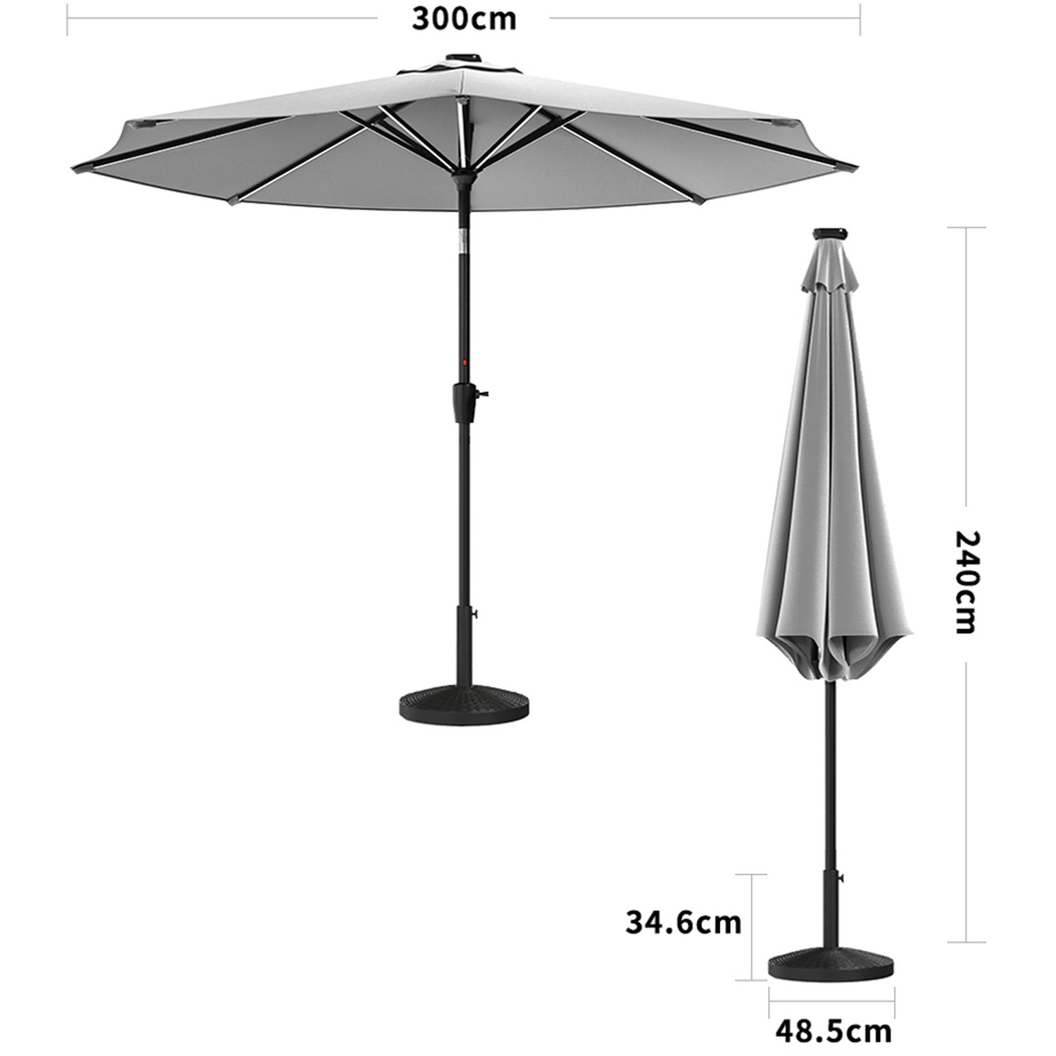 Outdoor Parasol With Led Strips And Resin Base - Light Grey Woven Pattern Resin Base
