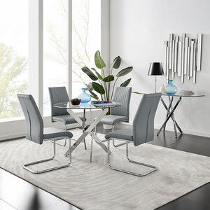 Novara Chrome Metal Round Glass Dining Table - 4 Lorenzo Dining Chairs