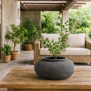 Wyld Haus Dark Grey Low Round Etched Ceramic Planter 410mm