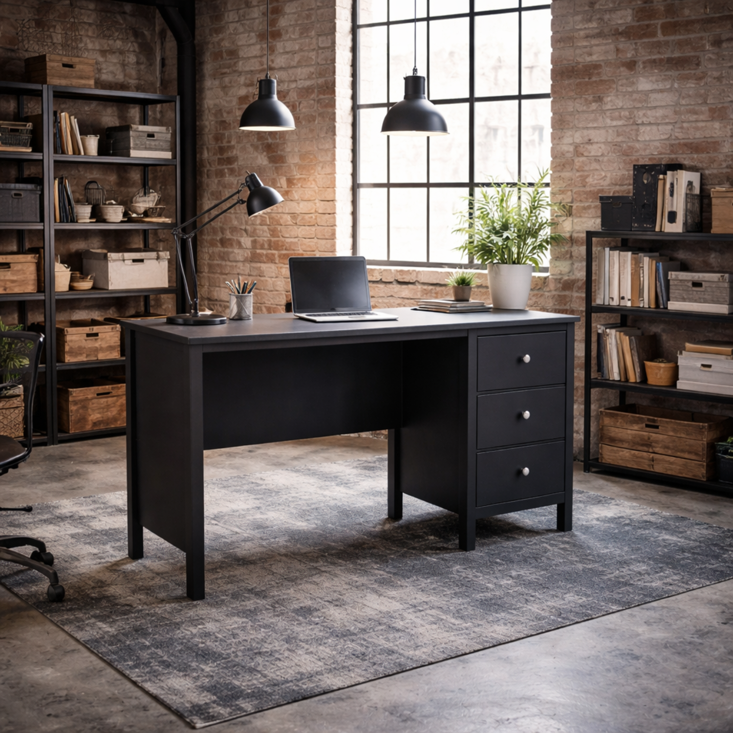Wyld Haus Gossmere Matt Black Office Desk with 3 Drawers - Matt Black
