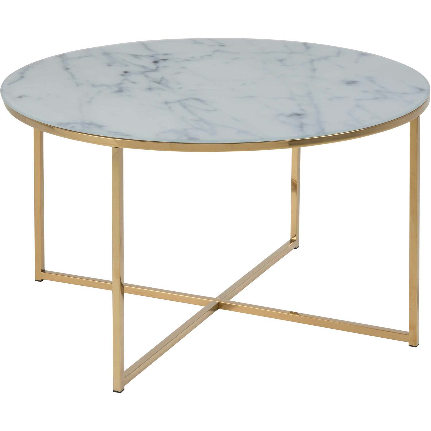Vodskov 80cm Round Coffee Table - Frosted White Marble-effect Glass Top Gold Chrome Base - White