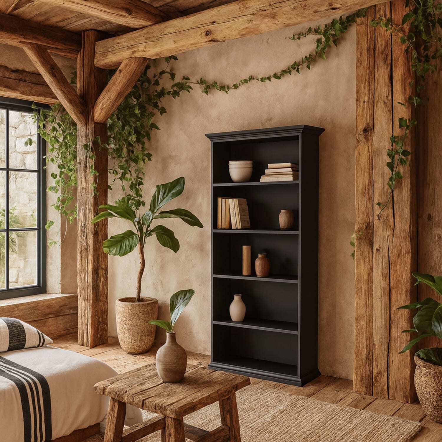 Osaka Farmhouse Tall Dark Grey Wooden Bookcase - Grey