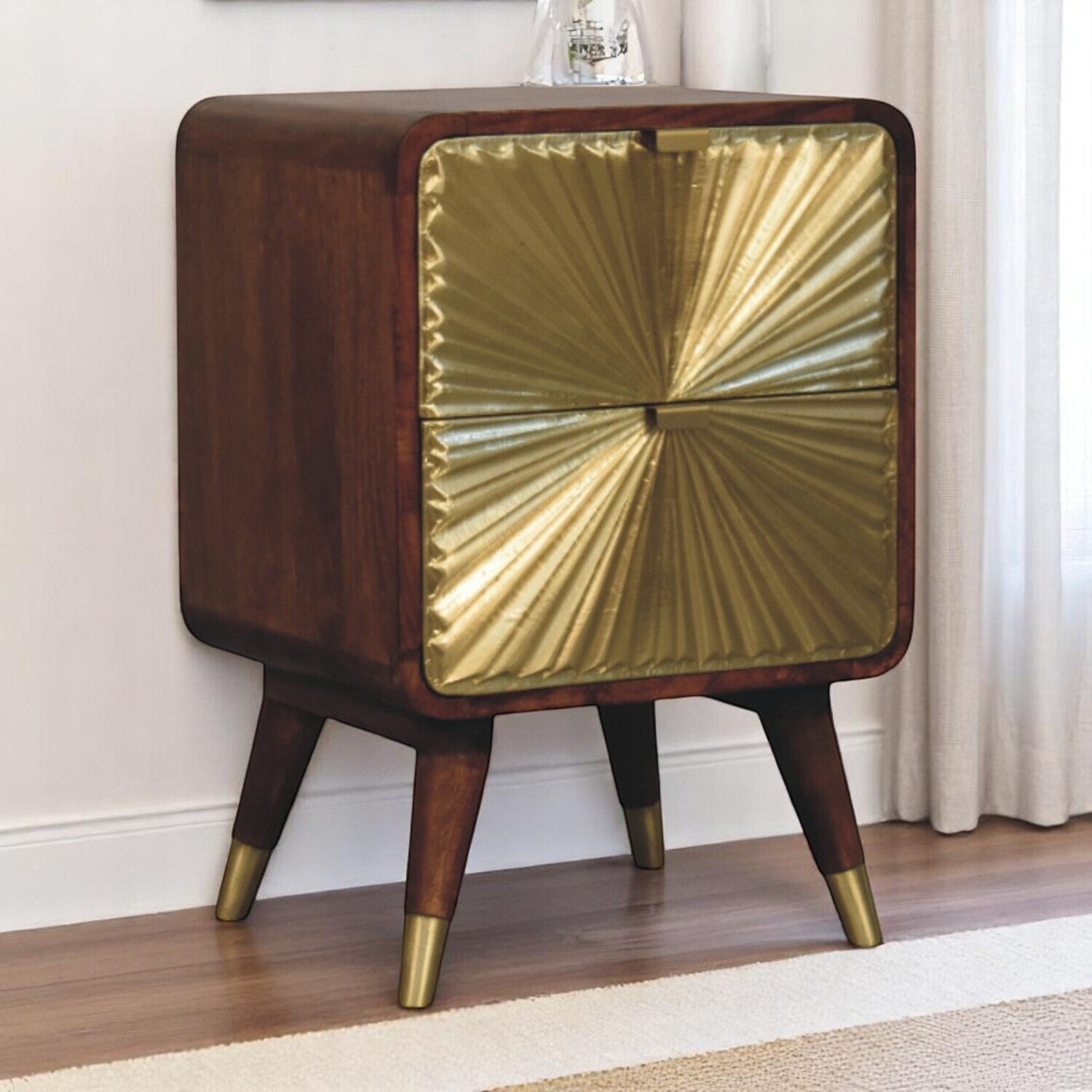 Artisan Furniture Solid Wood Avora Brass Embossed 2 Drawer Chestnut Nightstand - Brown
