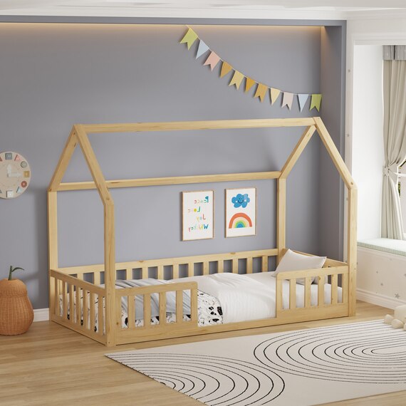 WestWood Wooden House-Shaped Toddler Bed Frame Single With Split Safety Guard Rail Natural