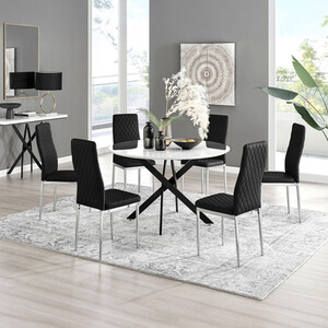 Novara White Gloss Black Leg 120cm Round Dining Table and 6 Velvet Milan Chairs